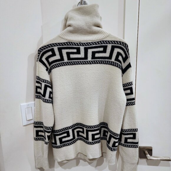 AQUA Cream Greek Key Quarter Zip Knit Sweater Pullover High Neck Oversized - Picture 2 of 3